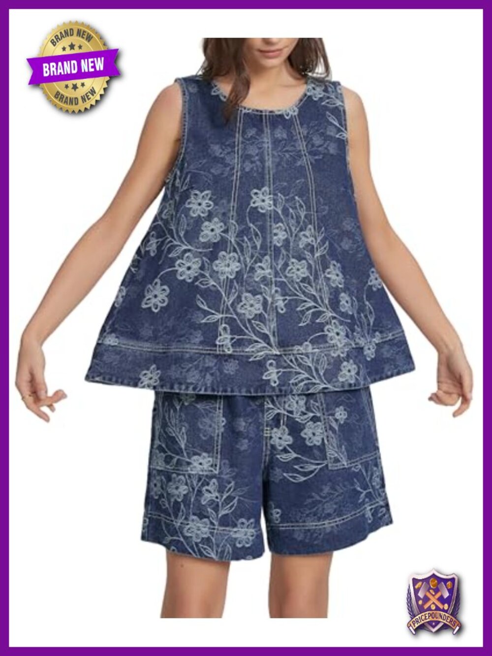 Sleeveless Denim Tank Top & Wide Leg Bermuda Shorts Set Floral Pattern Cotton